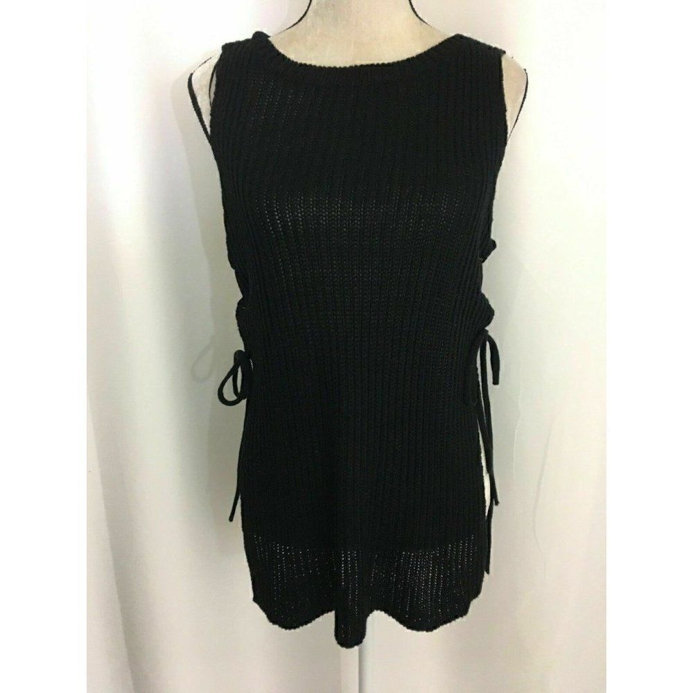 RD Style Womens Solid Black Lace Up Cable Knit Sweater Tank Top Small